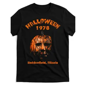 Vintage Horror Movie Graphic T-Shirt Featuring Pumpkin and Michael Myers for Casual Streetwear and Halloween Celebrations