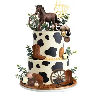 Cowboy Cake Topper Brown Ball Horse Boho Grass Artificial Eucalyptus Cake Decorations Cowboy Hat for Western Theme Cowboy Birthday Horse Theme Party Supplies