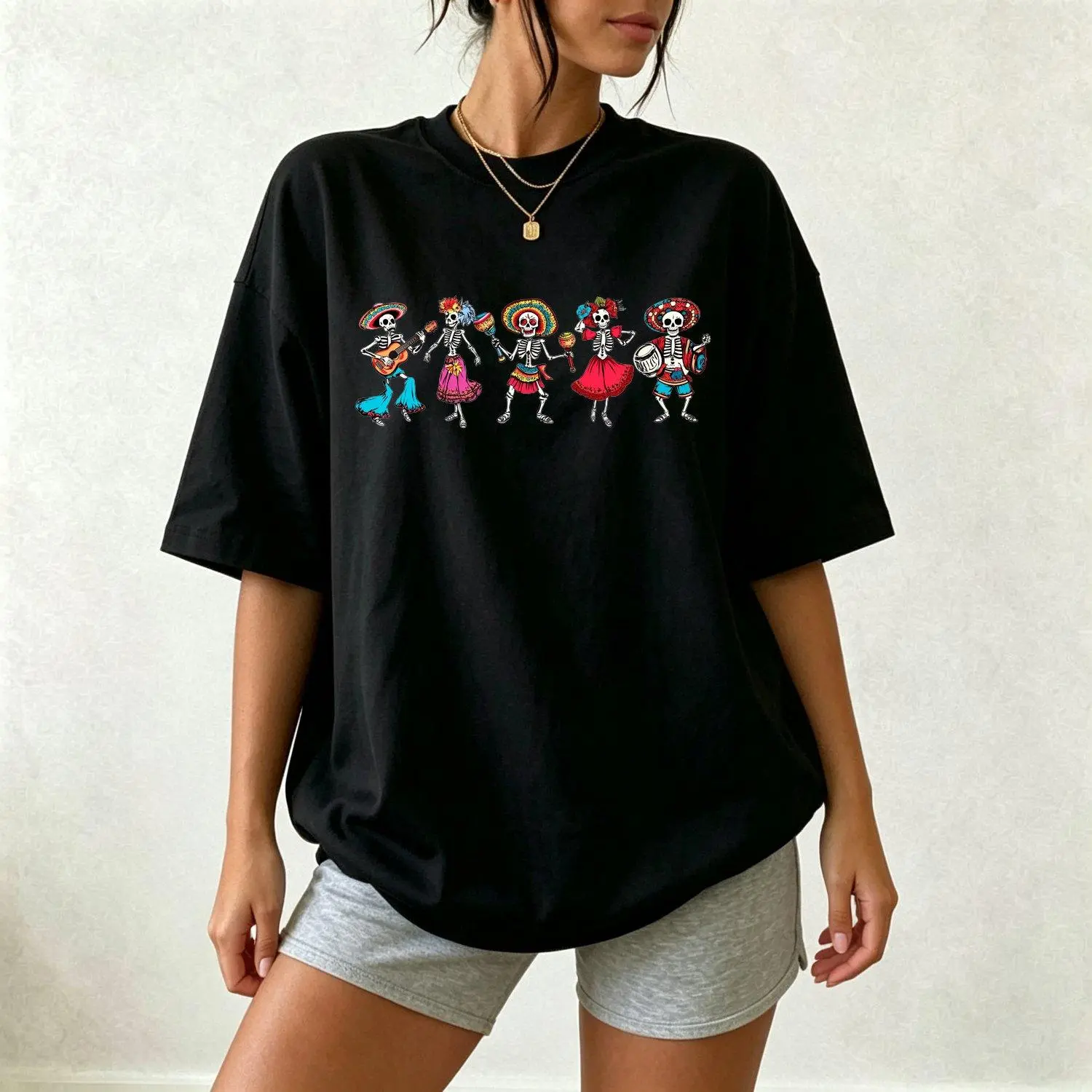 Womens Loose Fit Round Neck Short Sleeve T Shirt Featuring La Calavera Catrina Sugar Skull Print Casual Semi Formal Wear Perfect for Day of the Dead Halloween Summer Spring Fall Outfits