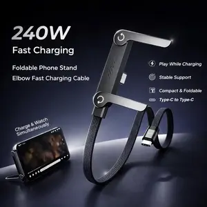 240W Super Fast Charging Invisible Stand Type-C Charger Cable - 2-in-1 Charging Cord & Phone Holder for Gaming, Car Travel, Electronic Mobile Smartphone Cellphone Devices (Black)