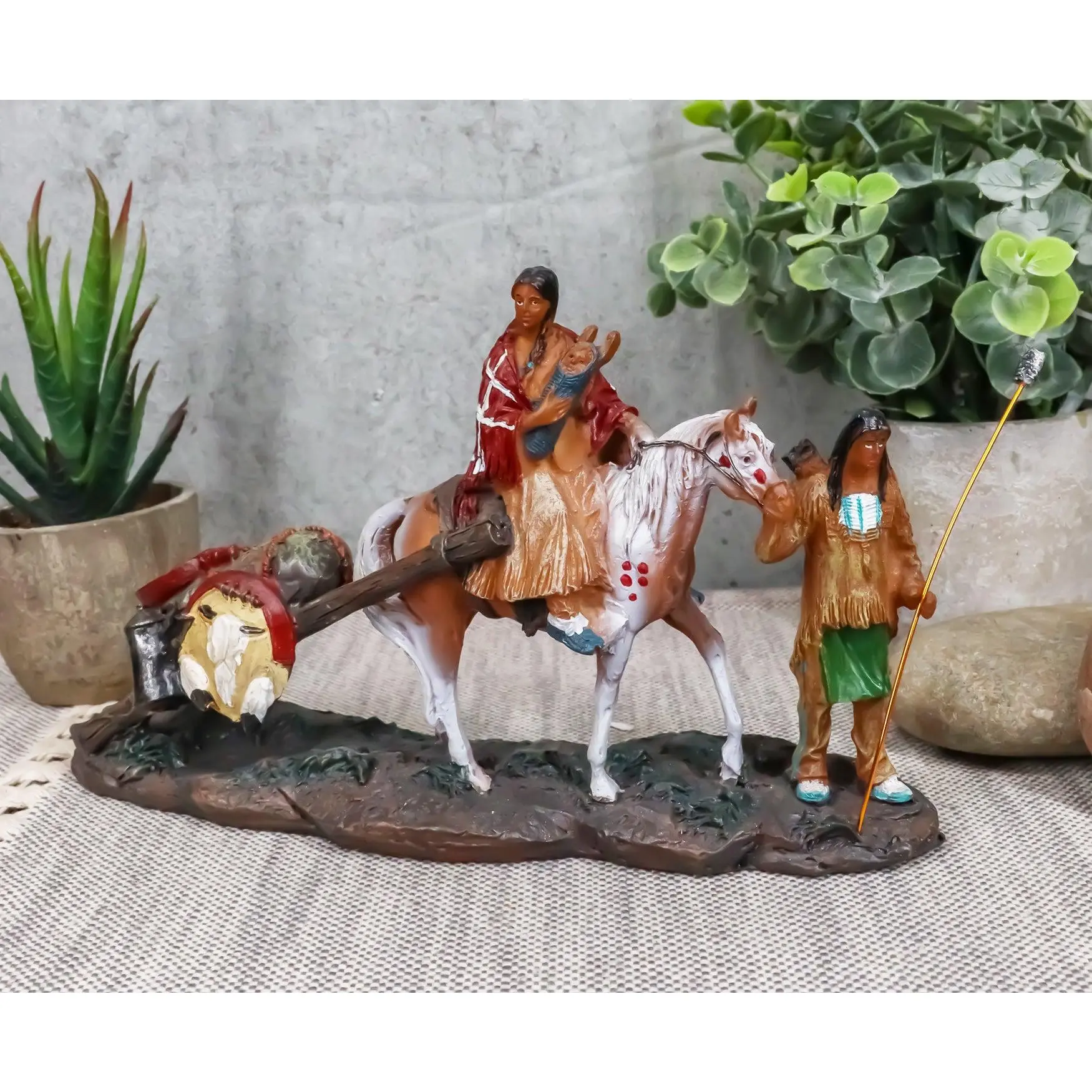 Native American Family Migration Resin Figurine, Home Decor Statue Featuring Aborigine Family Unit With Horse