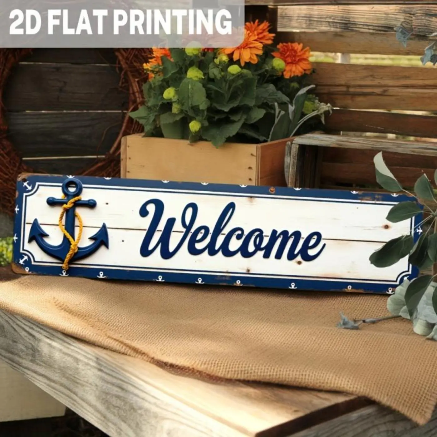 1pc Rustic Welcome Nautical Metal Sign with Anchor Design - Vintage Blue & White Wall Decor for Indoor/Outdoor, Porch, Beach House, Entryway, Boat House - 9.98x39.98 cm, Beach House Decoration, Distressed Finish,