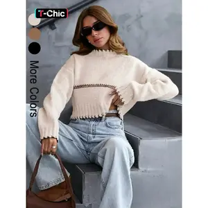 Women’s casual colorblock round-neck drop-shoulder long-sleeve short sweater knitwear, elegant geometric pattern, spring and fall fashion