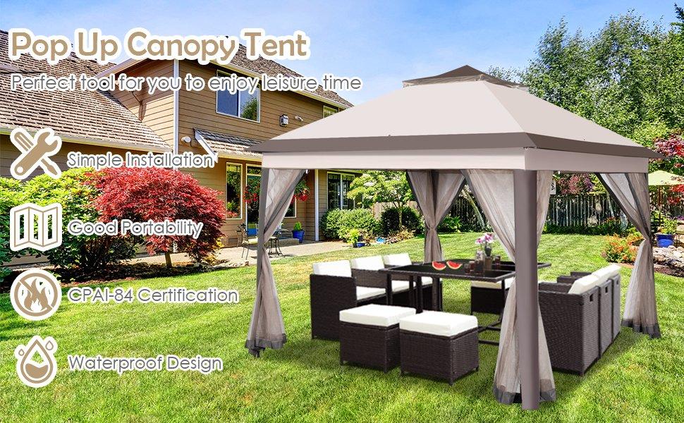 COSTWAY 11/11.5FT Pop Up Gazebo, Easy Setup Outdoor Gazebo with Center Lock, Mesh Netting, Heavy-Duty Metal Frame, 2-Tier Vent, Carry Bag for Patio Backyard Deck Poolside