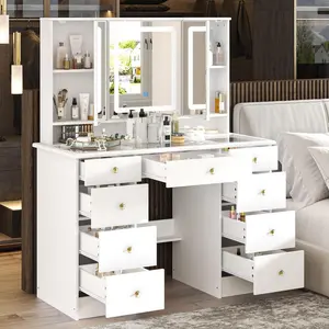 7 Versions-43.3"W Vanity Desk With 9 Drawers, Makeup Desk With 3-Mirror And Touch Screen Light For Bedroom