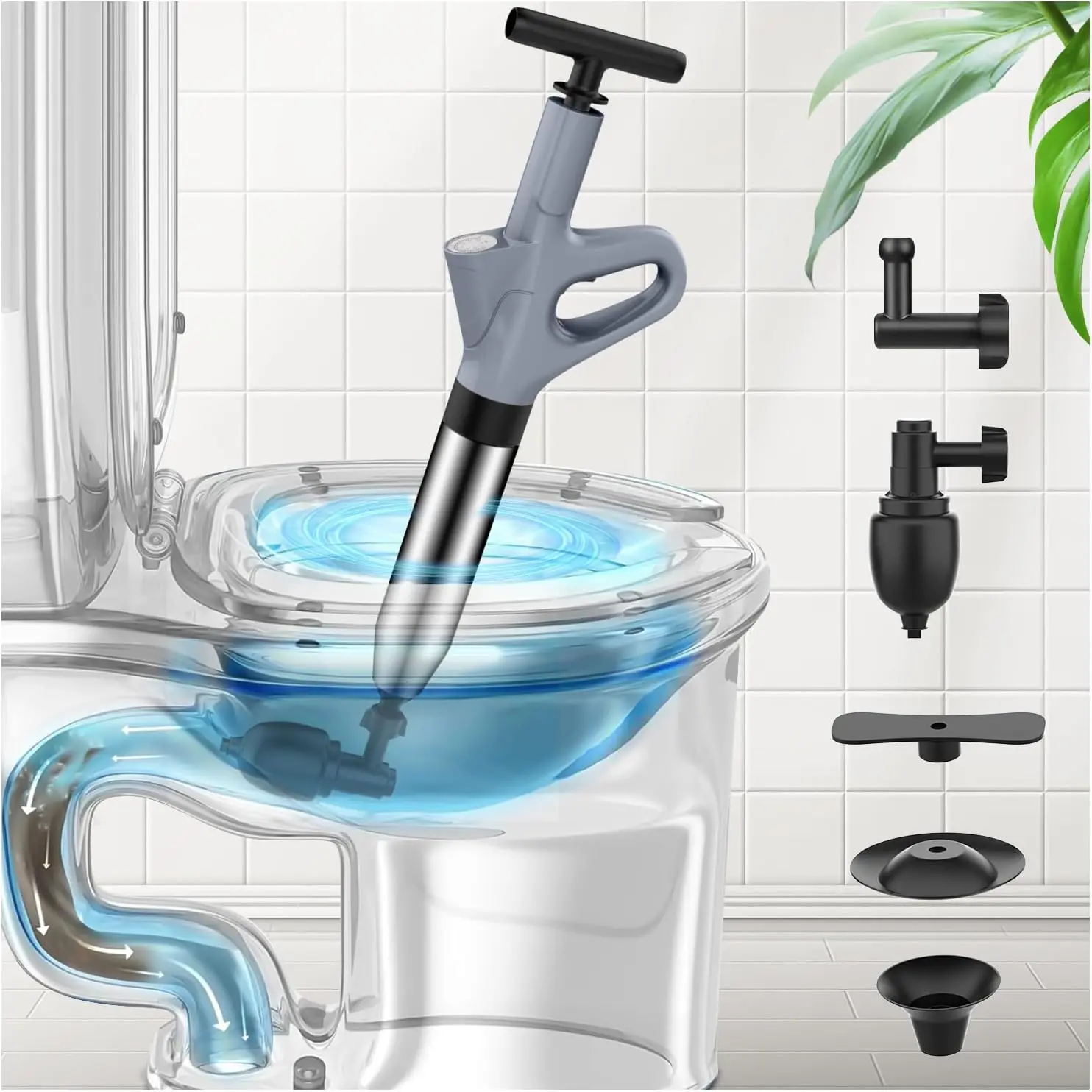 Heavy-Duty Toilet Plunger, High-Pressure Air Drain Blaster, Auger Tool with Real-Time Monitoring for Clog Removal (Gray)