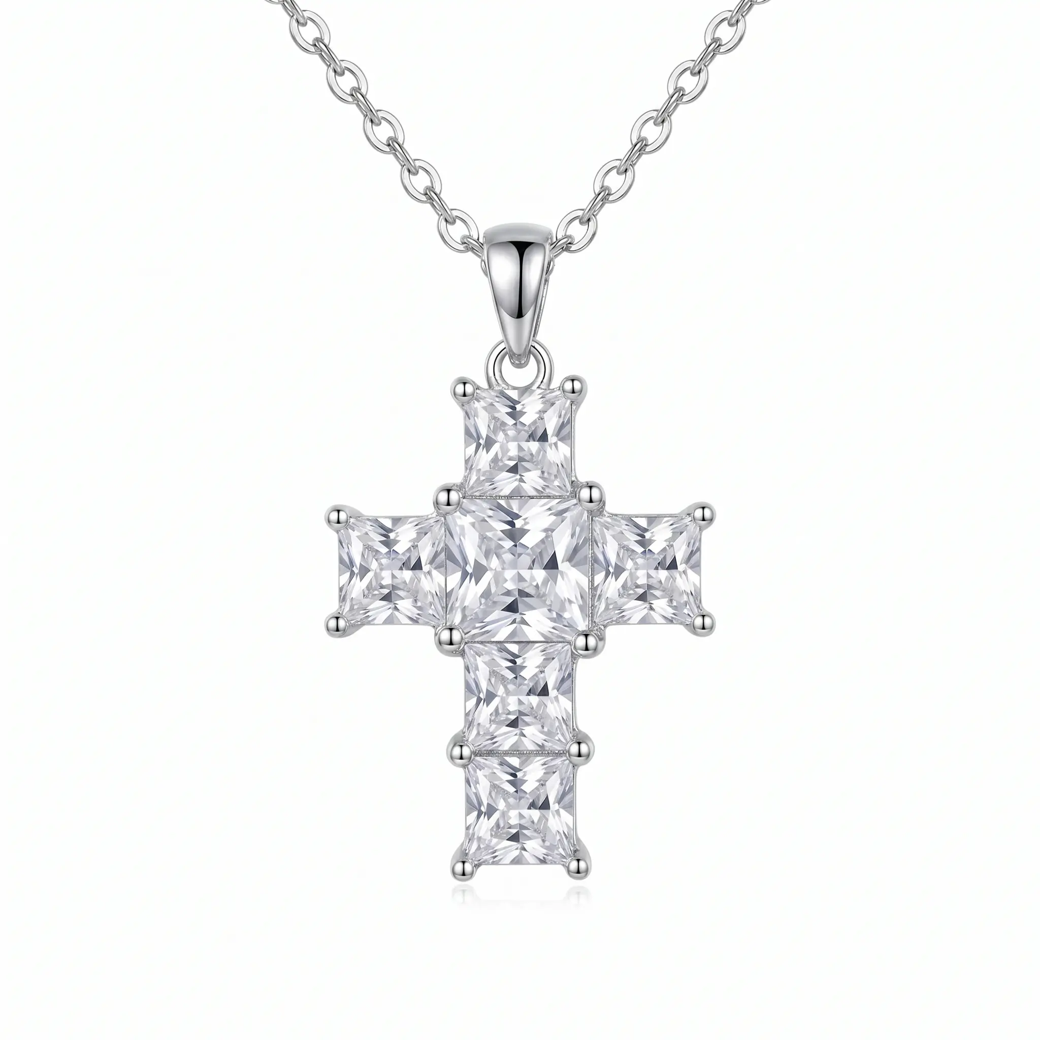 925 Sterling Silver Princess Cut Cubic Zirconia Cross Pendant Necklace Dainty Faith Religious Christian Necklace Hypoallergenic Sparkling CZ Jewelry Gift For Women Baptism Wedding Daily Church Wea