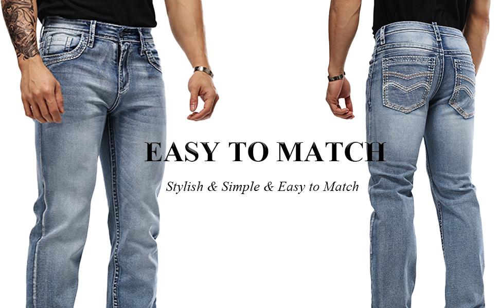 Men's Loose Fit Embroidered Jeans - Cotton Denim Work Pants for Men Everyday Casual Classic Streetwear Style