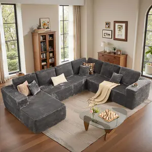 Modular Sectional Couch - Luxury Black Corduroy Couch with Chaise Lounge, Free Combination Sleeper Sofa with Memory Foam, No Assembly Required
