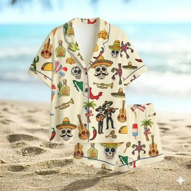 Mexican Fiesta Pajama Set, Sugar Skull Mariachi Short Sleepwear, Vacation Gift Her