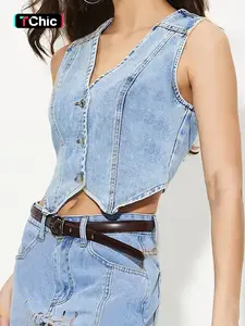 Women's Denim-Effect Print Button Fly Vest, Casual V Neck Sleeveless Denim Tank Top for Summer, Fashion Women's Top for Daily Wear