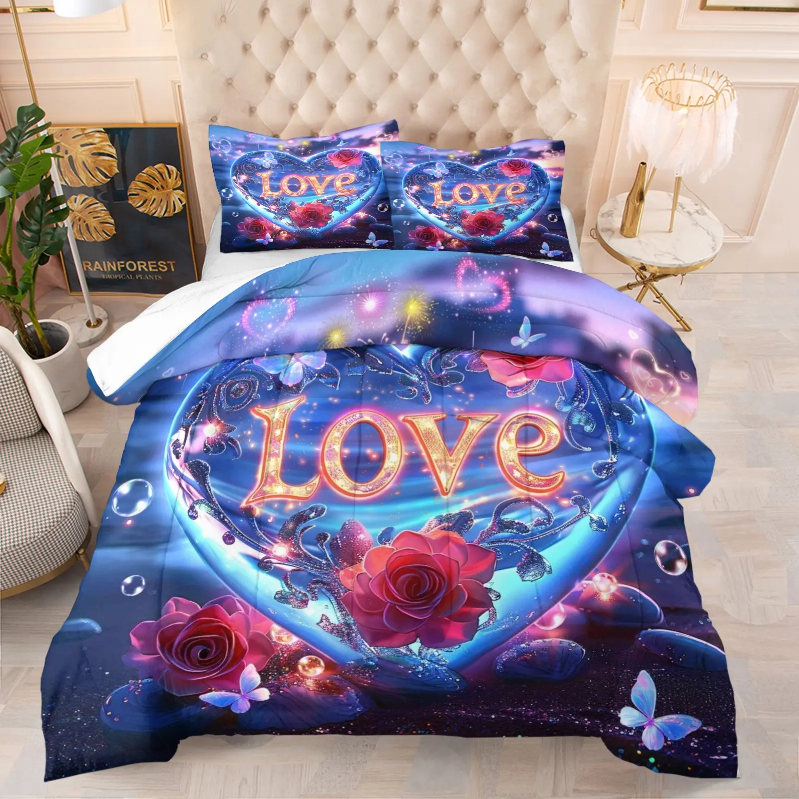 Valentine's Day Flower Quilt Set, 3pcs Soft Lightweight Breathable Printed Bedding, Includes 1 Quilt and 2 Pillowcases, Home Dorm Air Conditioning Blanket