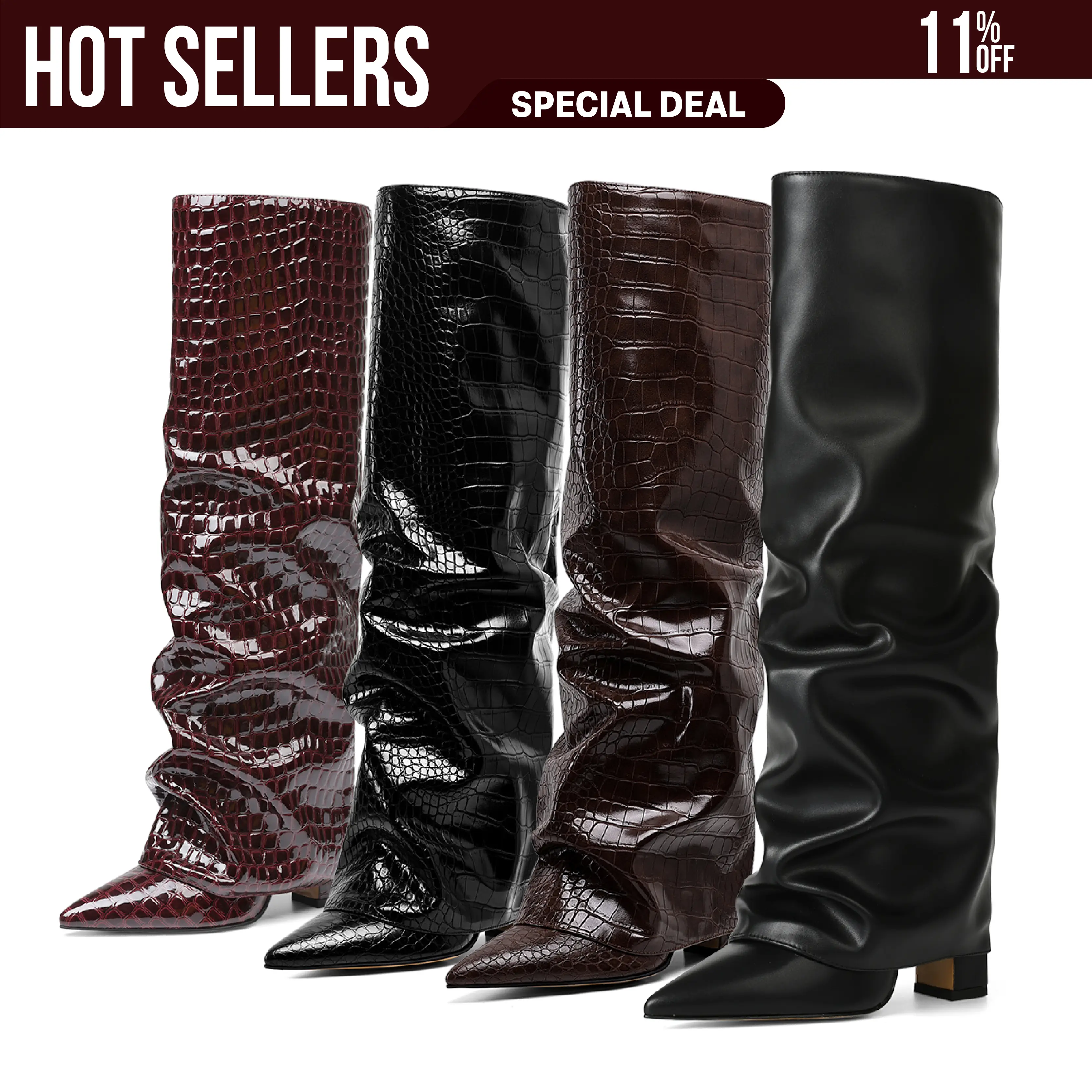 VIMISAOI Fold Over Boots for Women Knee High Boots Block High Heel Almond Pointed Toe Boots Pull-on Wide Calf Summer Boots For Women VIMI VIMI SHOES