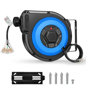 50FT Telescopic Professional Extension Cord Reel, Household Tools, Garage Workshop Walls/Ceilings 14AWG/3C SJTOW, 3-Lighted Triple Outlets , 13A Circuit Breaker, Safety Lock Power