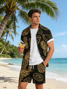 Men's Gold Pineapple 3D Printed Short Sleeve Shirt Set, Summer Casual Shorts Two-Piece Set, Fitted Blouse, All over Print