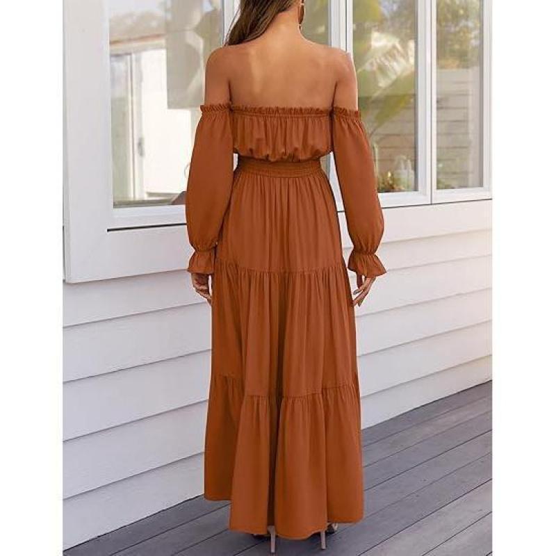 Women's 2025 Boho Sexy Off Shoulder Long Sleeve Smocked High Waist Side Split Flowy A Line Tiered Long Maxi Dress Summer Casual prom dress summer outfits white graduation dress sundress sundress birthday dress  Womenswear Formal summer outfits