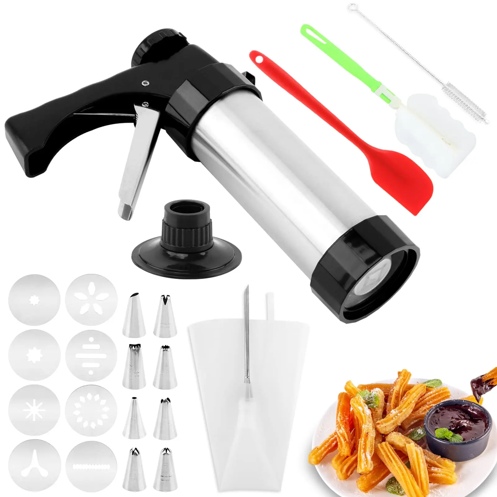 20pcs Cookie Press Kit Stainless Steel Churro Maker Machine With 8 Piping Nozzles Discs & 2 Brushes Bag Cake Spatula For Diy Biscuit Dessert Making