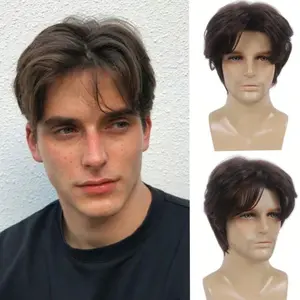 Men Brown Middle Part Short Wig Fluffy Natural Fashion Male Wig Daily Use High Quality Realistic