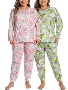 Plus Size 1XL-5XL Women's 2-sets Pajama Set with Green and Pink | Long-Sleeve Top & Full-Length Pants | Soft Breathable Loungewear