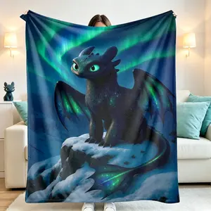Northern Lights Dragon Flannel Blanket, Toothless Style Digital Art Soft Cozy Throw for Adults Kids, Sofa Bed Travel Winter Gift Decor