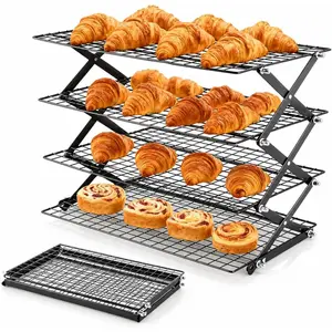 Cooling Racks For Cooking And Baking, 4-Tier Collapsible Cookie Cooling Rack With Adjustable 3 Setting Design Stackable Roasting Cooking Drying Wire Cooling Rack For Cookies Bread Baking