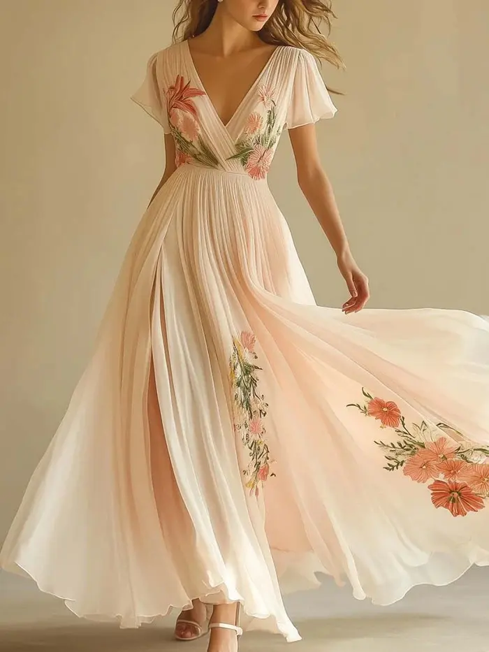 Women's A-Line Maxi Dress with Floral Embroidery in Flowy Chiffon, Deep V-Neck & Flutter Sleeves for Wedding Guests, Feminine, Elegance, Shortsleeve