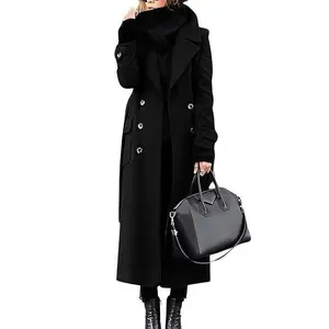 Womens Long Wool Pea Coat Notched Lapel Double Breasted Trench Coat Winter Warm Overcoat with Belt Womenswear Jackets(Sheets)