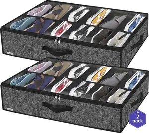 Bed Shoe Storage Organizer, Set of 2, Fit 12 to 24 Pairs, Underbed Shoes Closet Storage Solution with Clear Window, Breathable, L29.3"x W23.6"x H5.9", Linen-like Black,
