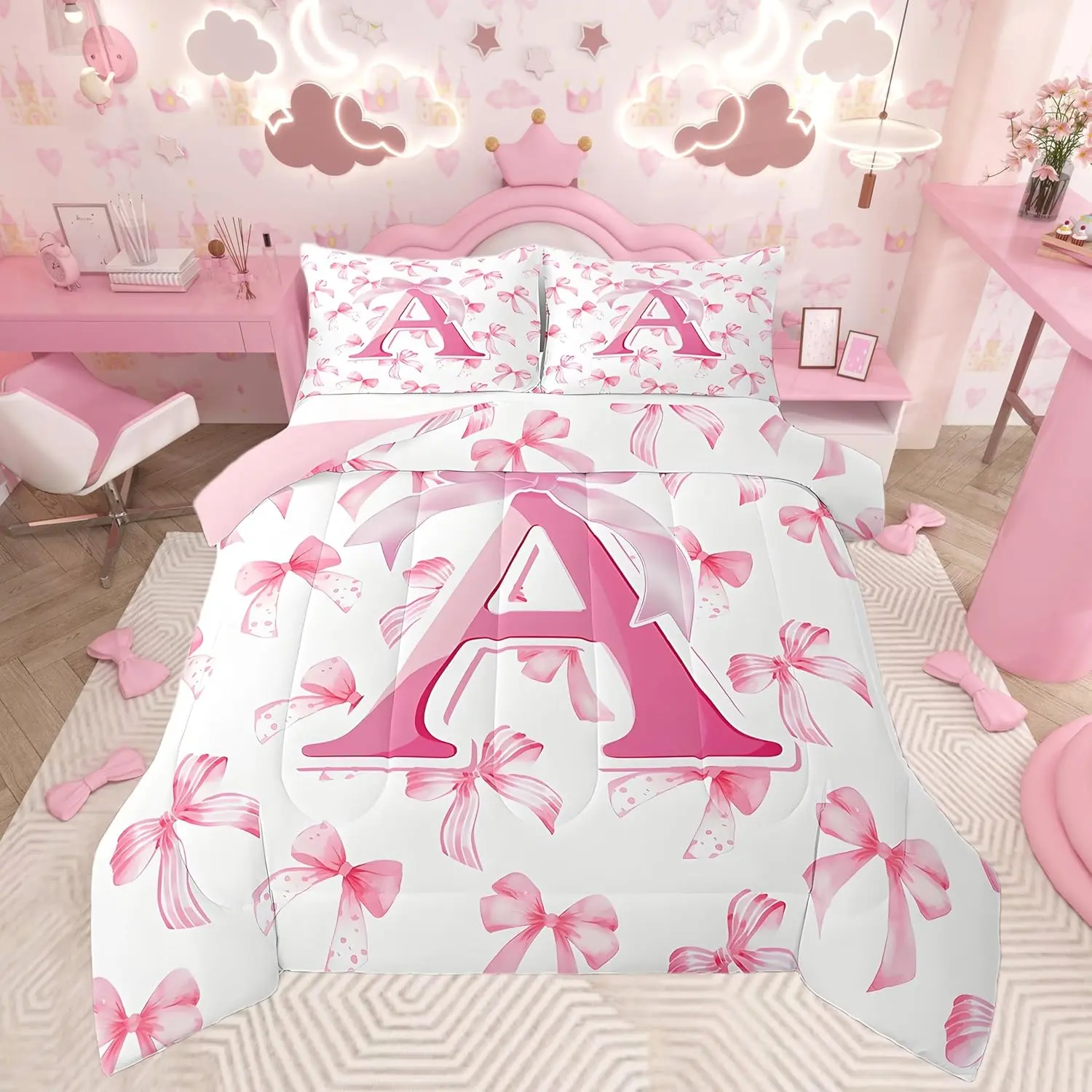 Feelyou Queen Breathable Decorative Bedding Set - Blush Pink Microfiber, Bow Knot Digital Print, Personalized Monogrammed Initial A, Unique Bedding Sets for Modern Bedroom Twin Bedding Needs
