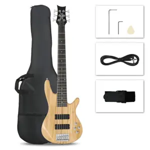Glarry Beginner-Friendly Full Size 6-String H-H Pickup Electric Bass Guitar Kit with Wooden Body, Adjustable Bridge, Bag, Strap, Pick Connector, Wrench Tool, Burlywood Finish