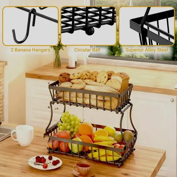 Black 2-Tier Kitchen Storage Rack - Detachable Metal Hanging Basket Organizer for Counter, Fruits, Vegetables, Bread, Snacks + 2 Movable Banana Hangers, Double Layer
