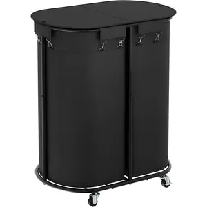 200L Laundry Hamper with Wheels and Lid, Large Oval Rolling Laundry Basket 2 section, Laundry Cart with Removable Bags and Iron Frame, Dirty Clothes Hamper for Home, Dorm, Black