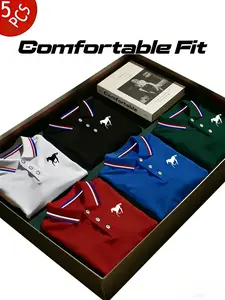 Men's Polo Shirt Set, Casual Fashion Homewear, Solid Color Short Sleeve Horse Print, Contrast Collar, Breathable Daily/golf Shirts, Multiple Colors
