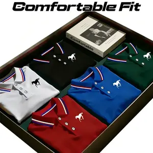 Men's Polo Shirt Set, Casual Fashion Homewear, Solid Color Short Sleeve Horse Print, Contrast Collar, Breathable Daily/golf Shirts, Multiple Colors