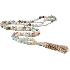 8MM Beads Chakra Long Mala Necklace  Stone Meditation Statement Necklace Japa Yoga Buddhist Rosary Prayer Charm Beaded Tassel Necklace
