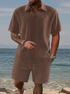 Men’s American vintage polo shirt and drawstring shorts set featuring a three-dimensional rib texture; comfortable and breathable, suitable for summer outdoor leisure., Menswear, Casual