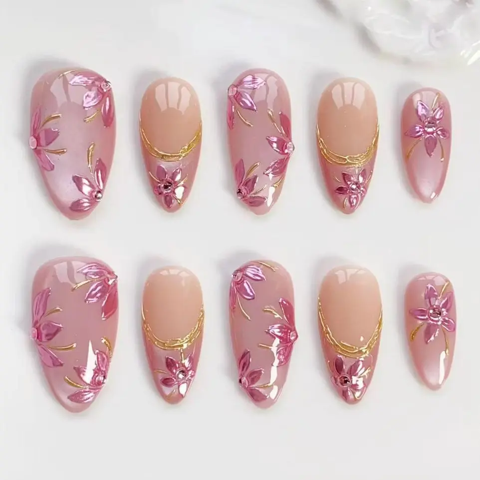 Pink flower nails/press on nails long almond nails/Elegant nails/Gold chrome nails/Glitter cat eye nails/Birthday nails/Custom nails
