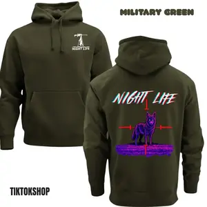 Coyote Night Life Hunting Hoodie - Thermal Camo Predator Sweatshirt Neon Gear - Men's Pullover Gift for Coyote Hunters