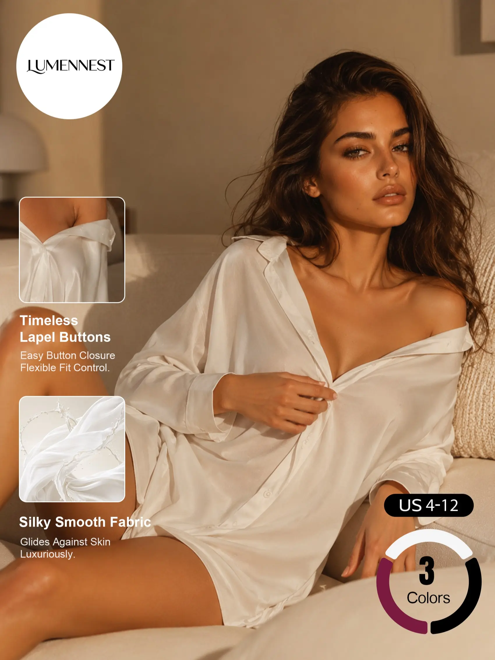 LUMENNEST Women's Boyfriend Style Button-Up Nightdress, Romantic Solid Color Long Sleeve Loose Sleepwear, Ultra Soft Lightweight Breathable Lounge Dress #TikTokMadeMeBuyIt #BoyfriendStyle #ChicSleepwear