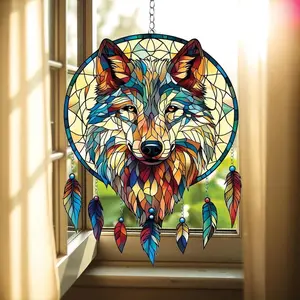 Wolf Dreamcatcher Suncatcher, Boho Animal Window Hanging, Colorful Wolf Decor, Nature Lover Gift, Tribal Spirit Art