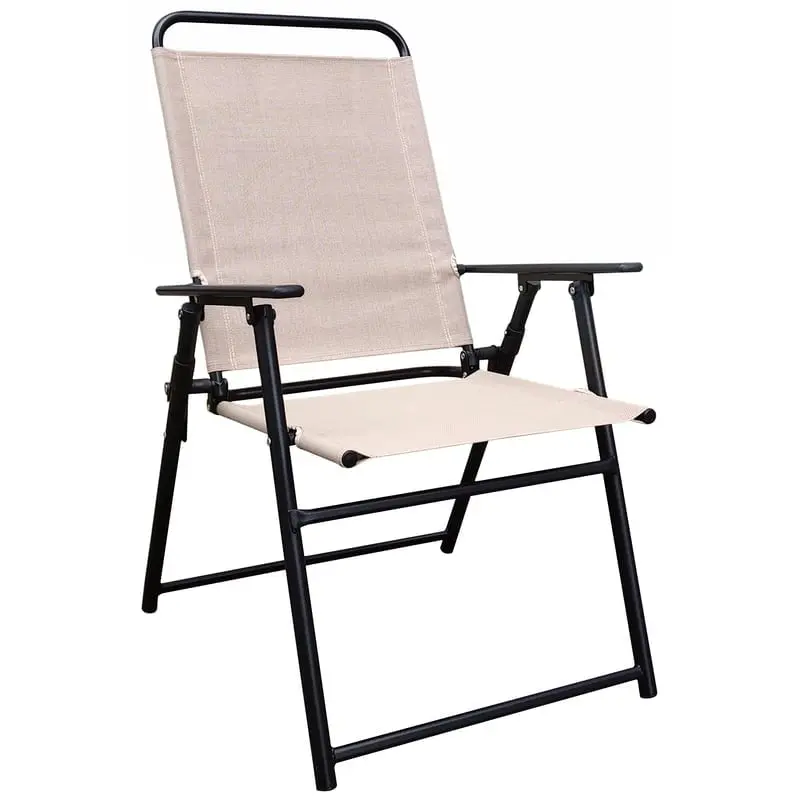 Black Steel Sling Chair with Tan Finish, Adjustable Back, Relaxing Design, UV-Protected, Assembly Required Indoor Furniture Chair