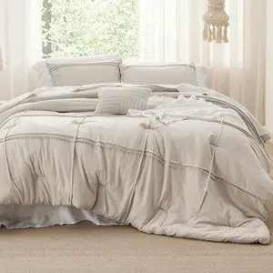 California King Comforter - 4 Grid Pleat, Beige Boho for, 1 Comforter, 2 Pillowcases, 1 Decorative Pillow