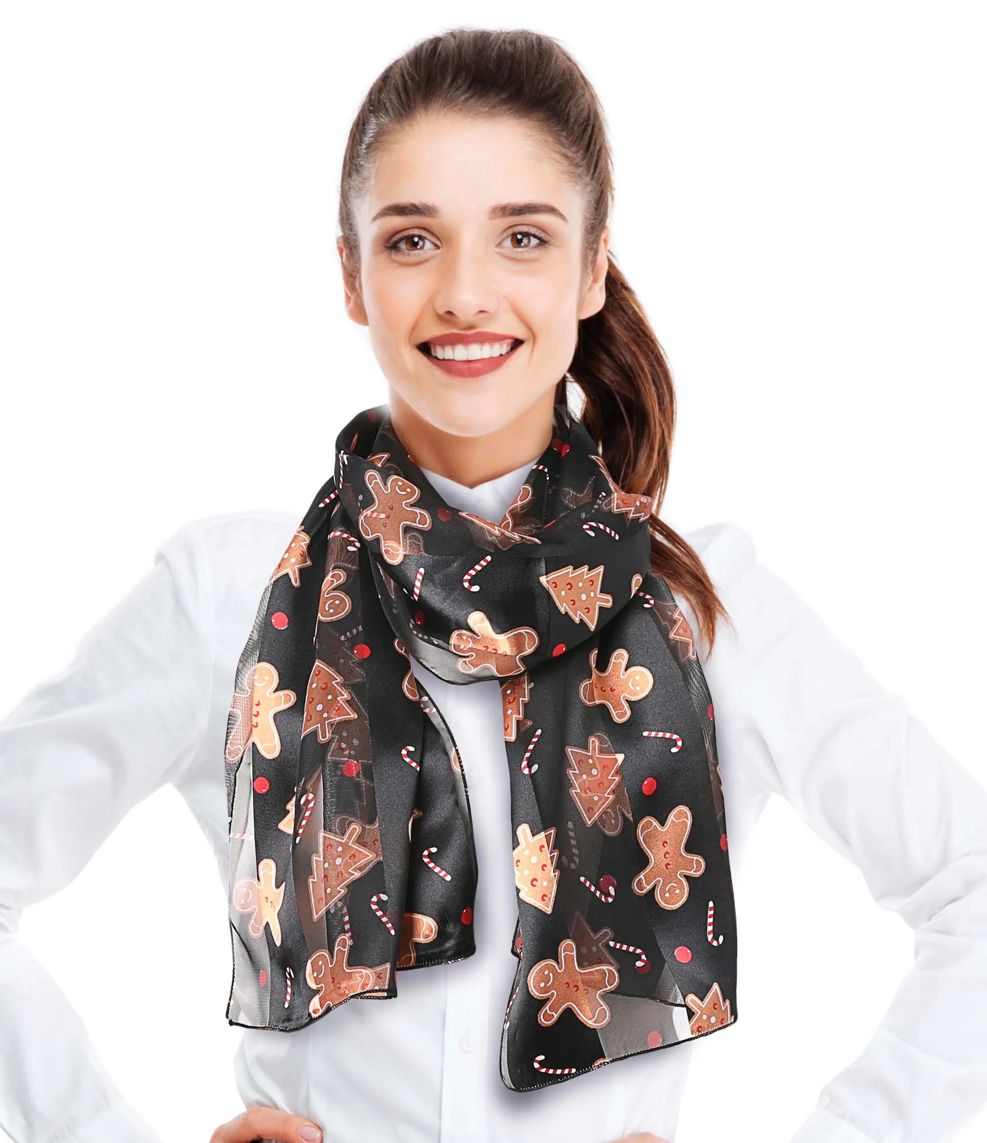 CBC Crown Women's Festive Gingerbread Cookie Scarf, Lightweight Silk-Feel Polyester for Holiday Parties, 13" x 60", Basic, Hand Wash