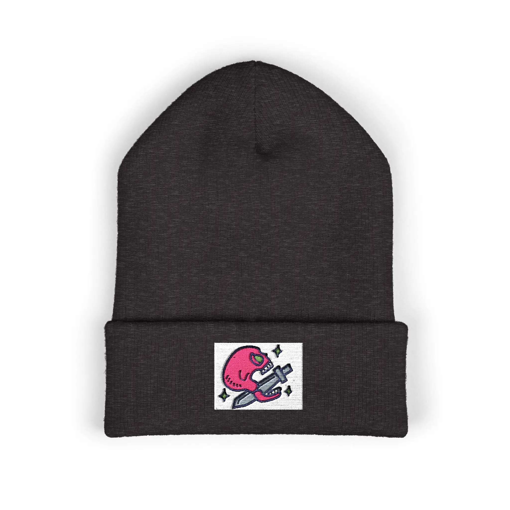 Embroidered Pink Alien Guitar Beanie – Cute Space Music Cuffed Hat