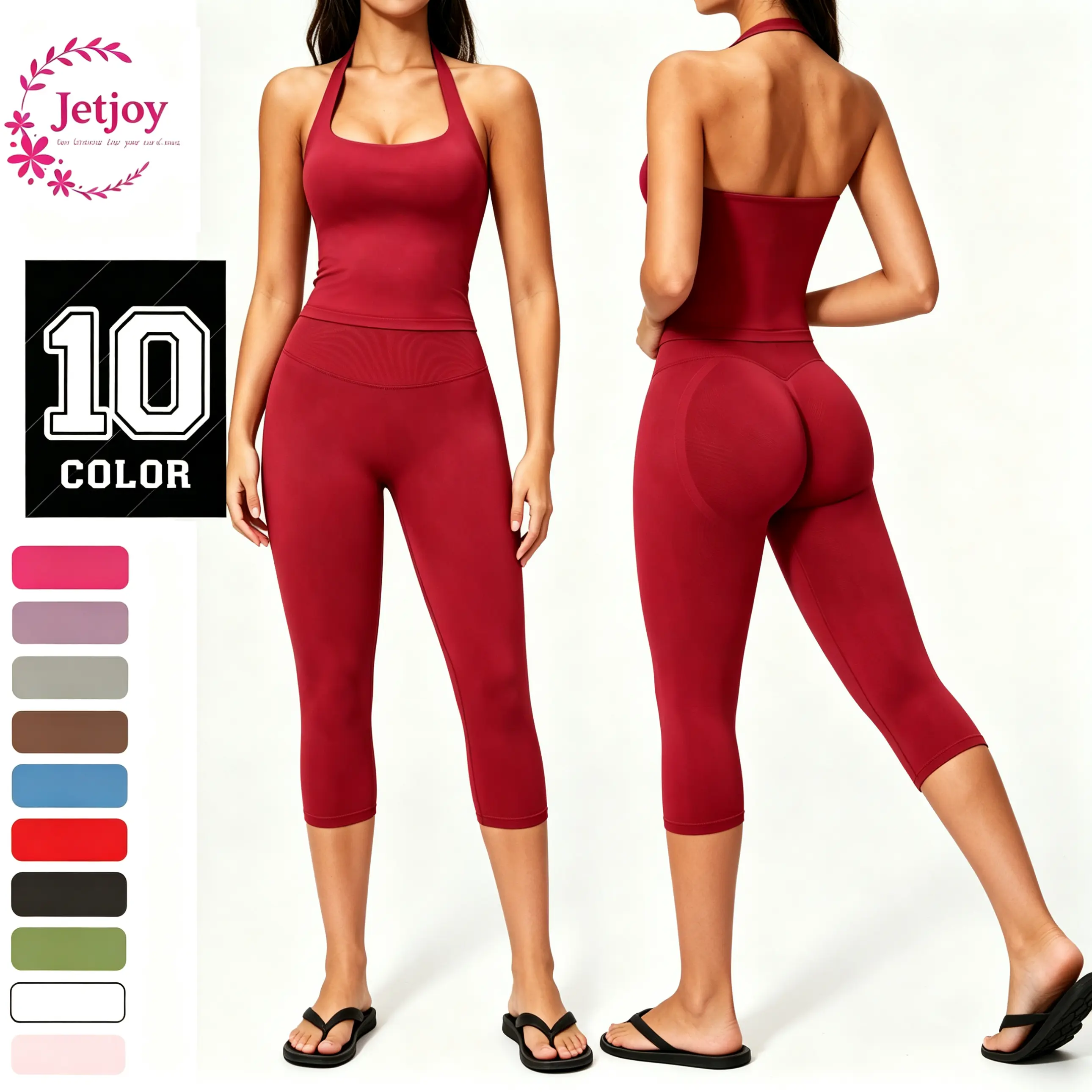Jetjoy Women's Seamless 2-Piece Workout Set - Halter Neck Sports Bra, Hidden Scrunch Butt Lift Leggings, Yoga Gym Outfit, Summer 2 Piece Sets for Women