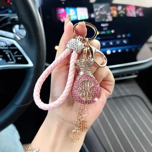 Creative Diamond Embellished Dollar Bag Keychain, Woven Rope Car Key Chain Ring, Lucky Money Pouch, Purse Decoration, Holiday Gift, Trendy Cute Keychain, Bag Pendant Keychain, Bling Bling Keychains