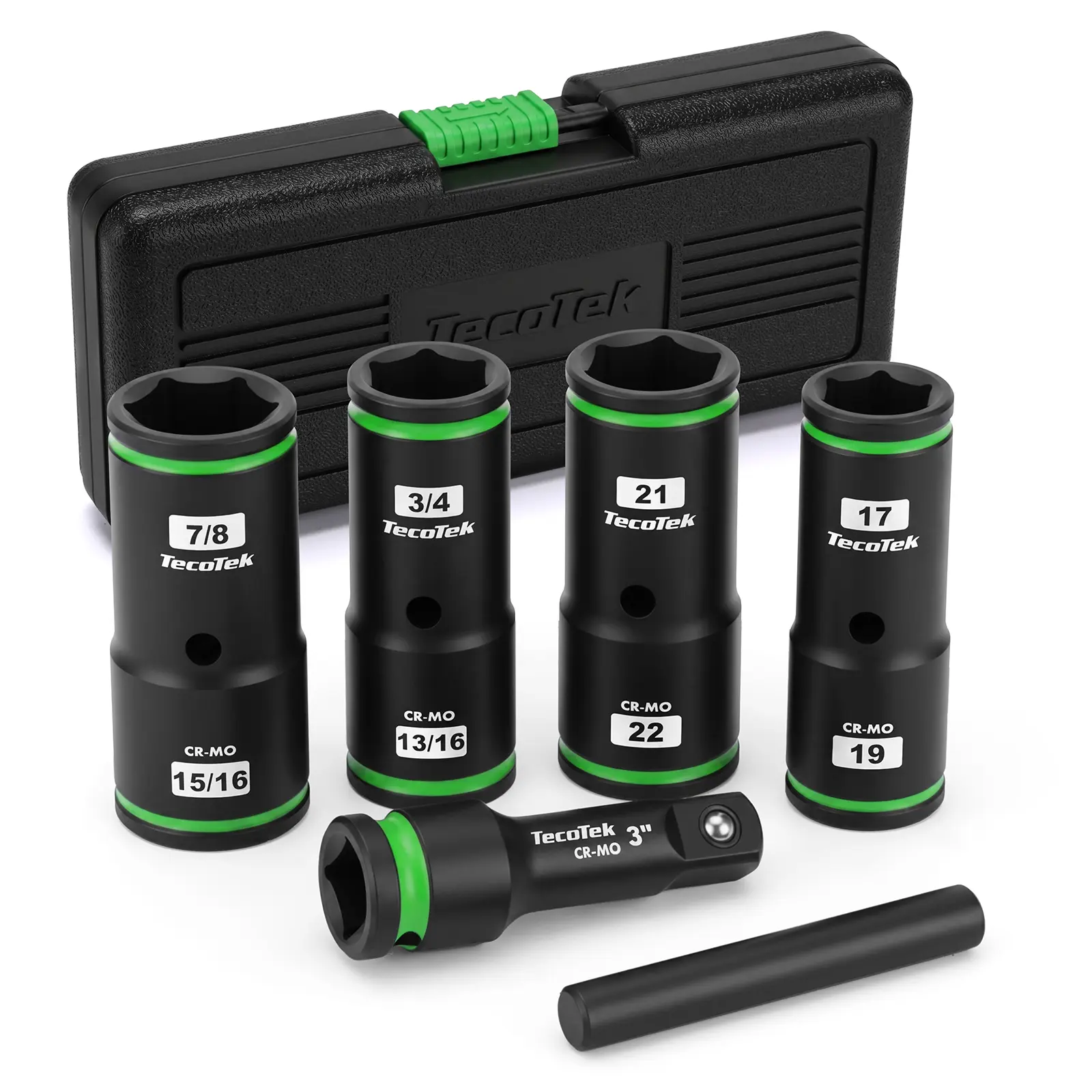 TecoTek 6PCS Thin Wall Lug Nut Impact Socket Set, 1/2" Drive Impact Flip Socket Set, 8 in 1 Dual End Wheel Tire Nut Sockets, Metric 17 19 21 22mm & SAE 3/4" 13/16" 7/8" 15/16", Lug Nut Removal Tool hex socket adapter