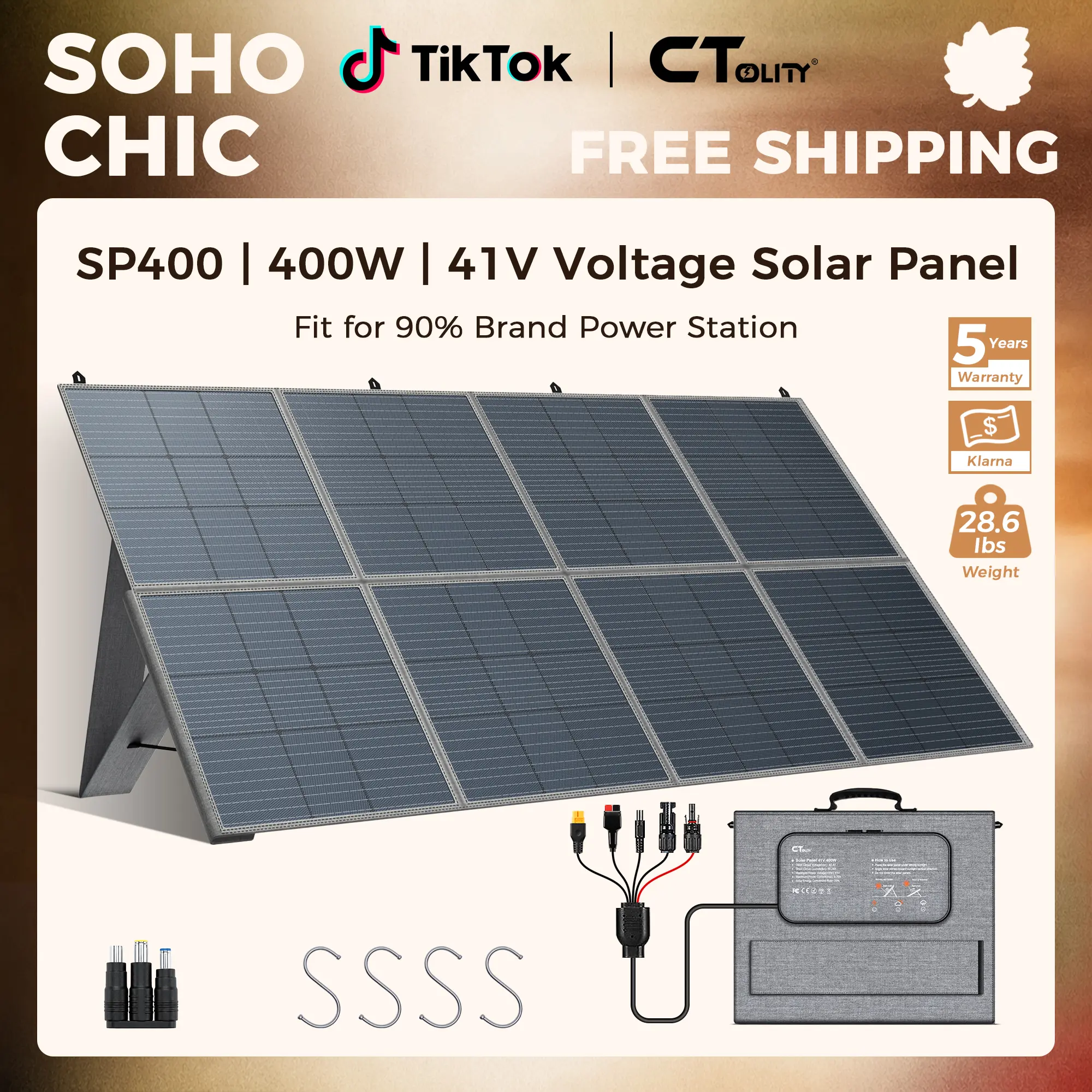 [SohoChic] CTOLITY SP400 400W Foldable Solar Panel 41V 10A for Outdoor Camping RV Power Station with 8F Bracket & 22% High Efficiency Charge power station fast Free Energy Camping Essentials 2026/Camping Gear[Power Outage Survival], tiktokshopstockup