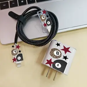 5-Piece Set Star Leopard Print Eight-Ball iPhone Charger Case Data Cable Protector Anti-Knotting Coiled Wire Organizer Gift