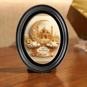 1 PC Ramadan Decoration Islamic Photo Frame, 5x7 Inch Oval Wooden Art with Eid Mubarak Print, Home & Office Desk Decor for Eid Gift